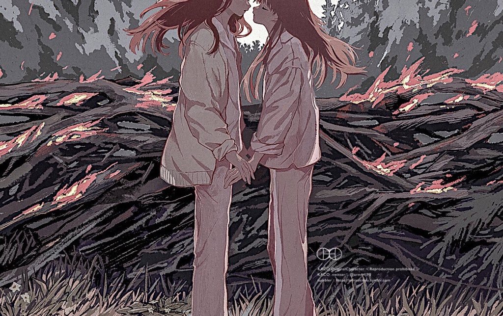 2girls, amiyakinyu, brown_hair, closed_eyes, feet_out_of_frame, fire, flower, grass, long_hair, long_sleeves, multiple_girls, original, pants, profile, shirt, white_pants, white_shirt, yuri