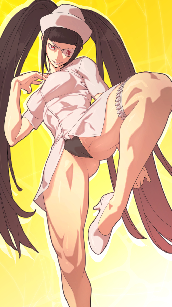 1girl, alternate_hairstyle, ass_visible_through_thighs, black_hair, black_panties, eyepatch, fighting_stance, han_juri
