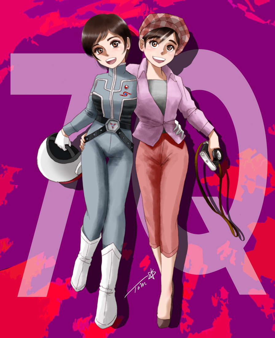 2girls, black_hair, bodysuit, boots, brown_eyes, camera, character_request, chutohampa