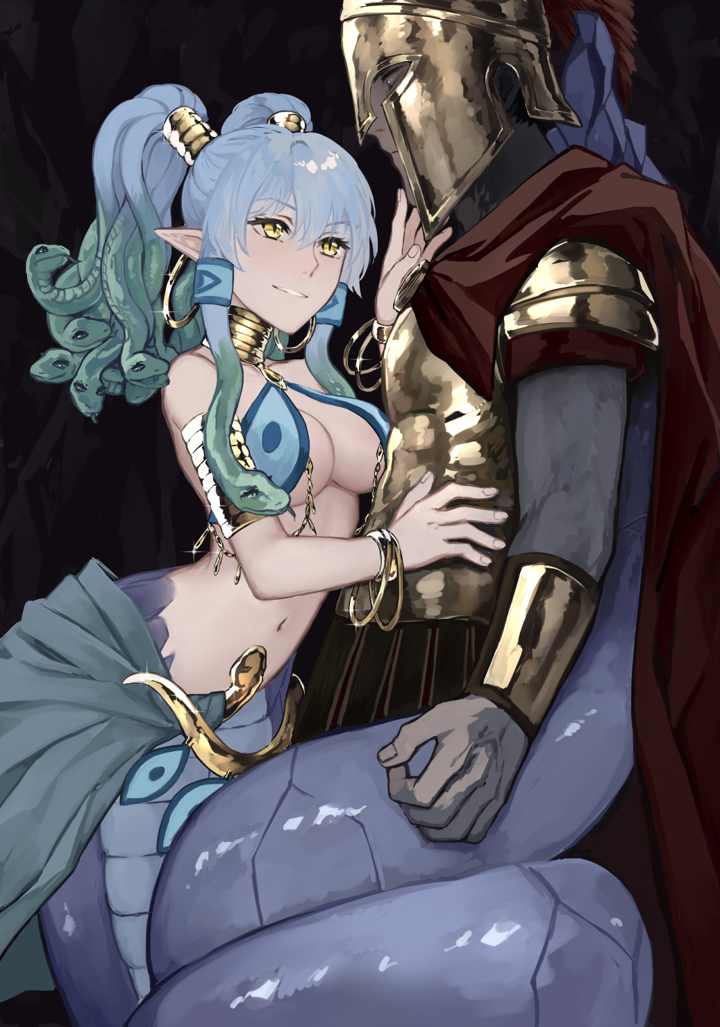 1boy, 1girl, armor, bangs, bare_shoulders, blue_hair, bracer, breastplate