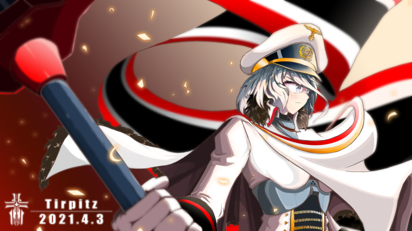 1girl, 2021, azur_lane, cape, character_name, flag, fur-trimmed_cape, fur_trim