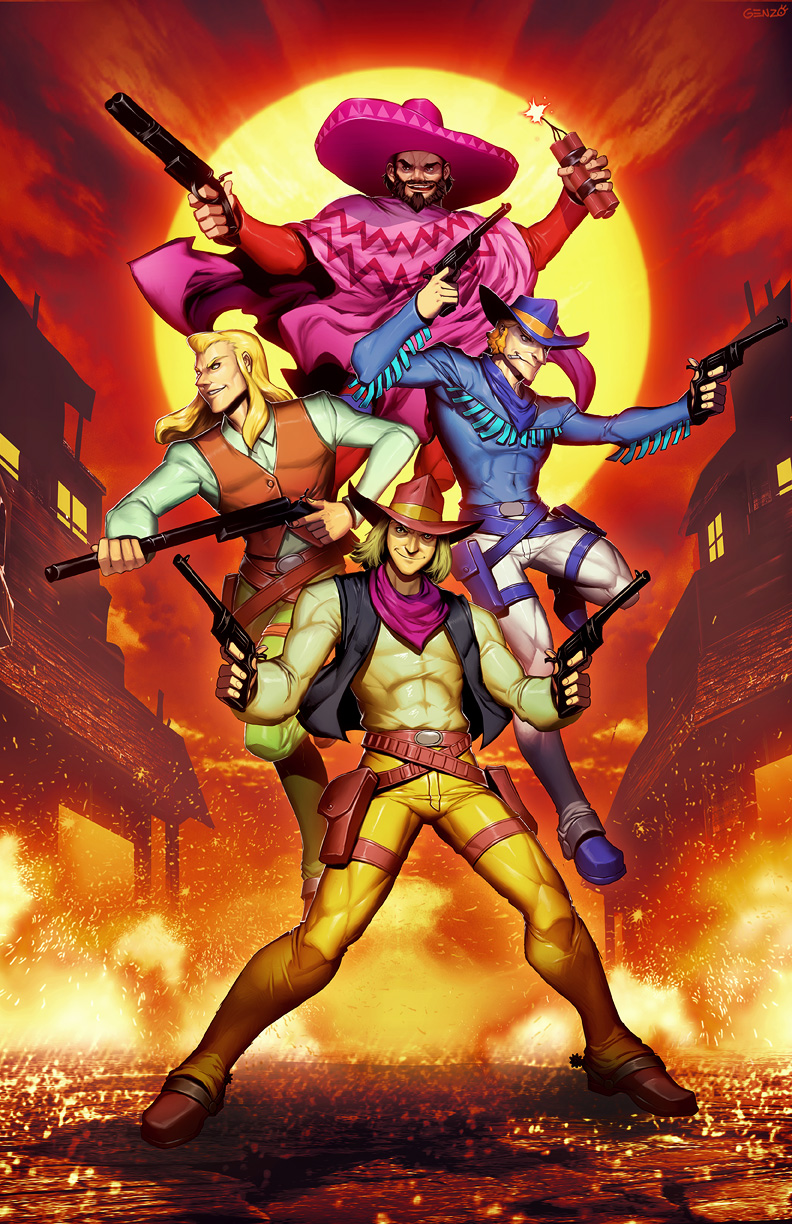 1990s_(style), 4boys, aiming, aiming_at_viewer, arcade, battle, belt, blonde_hair, boots, brown_hair, building, character_name, cigar, commentary, cowboy, cowboy_boots, desert, dual_wielding, dust, dynamite, english_commentary, fake_box_art, fire, friends, genzoman, gun, handgun, hay, highres, holding, holster, konami, long_hair, manly, mexican, mexican_standoff, multiple_boys, muscular, official_style, old_west, poncho, retro_artstyle, revolver, rifle, sawed-off_shotgun, scarf, shotgun, sideburns, smoking, sun, sunset, sunset_riders, toned, town, vest, video_game, weapon, western