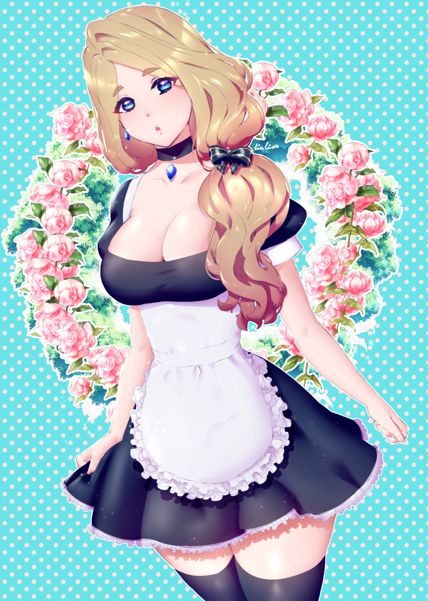 absurdres, black_legwear, blonde_hair, breasts, choker, collarbone, dutch_angle, earrings