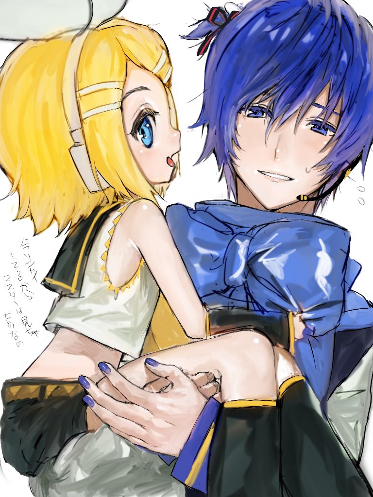 1boy, 1girl, bangs, bare_shoulders, black_collar, black_shorts, blonde_hair, blue_hair, blue_nails, blue_scarf, bow, carrying, child, collar, collared_shirt, crop_top, fang, from_side, hair_bow, hair_ornament, hairclip, headphones, holding_another, kagamine_rin, kaito, korpokkur_kne, leg_warmers, looking_at_viewer, nail_polish, open_mouth, sailor_collar, scarf, shirt, short_hair, short_shorts, shorts, skin_fang, sleeveless, sleeveless_shirt, smile, sweat, swept_bangs, tied_hair, translated, vocaloid, white_bow, white_shirt, younger