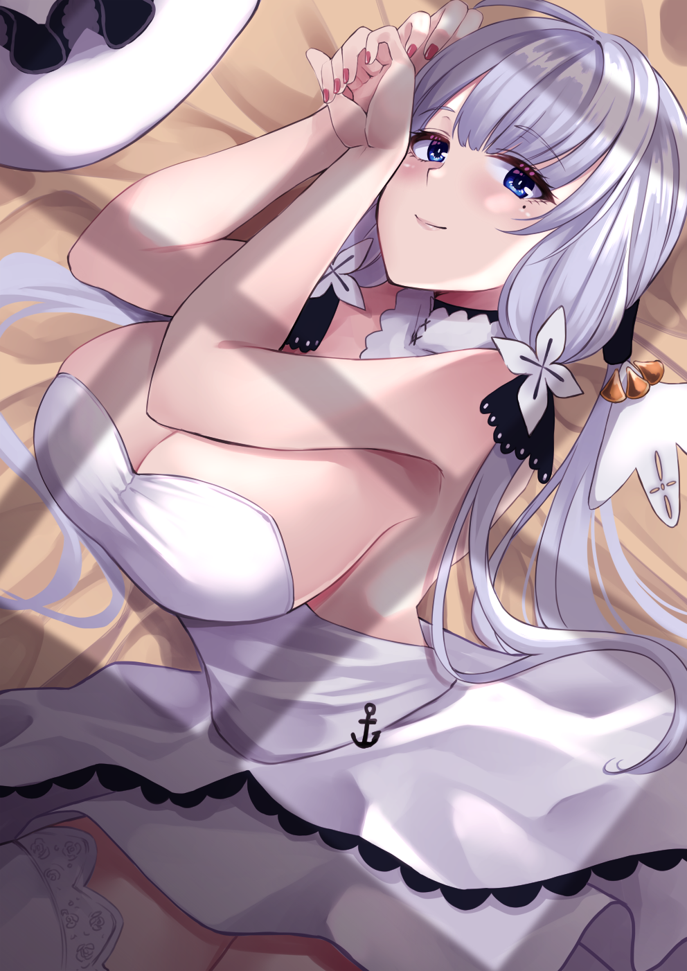 1girl, anchor_symbol, azur_lane, black_ribbon, blue_eyes, breasts, dress, eyebrows_visible_through_hair