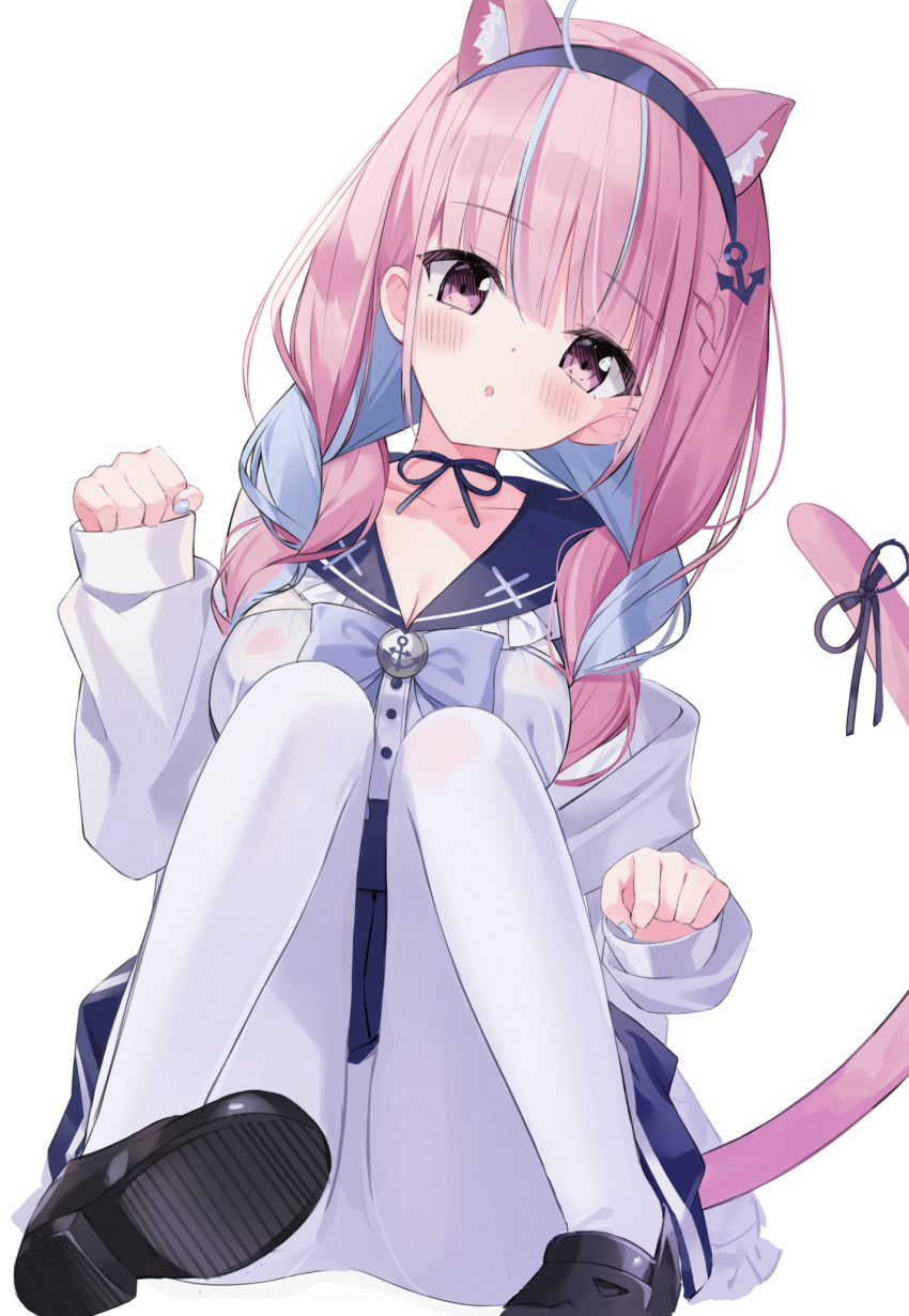 1girl, anchor_symbol, animal_ear_fluff, animal_ears, black_footwear, blue_choker, blue_hair, blue_hairband