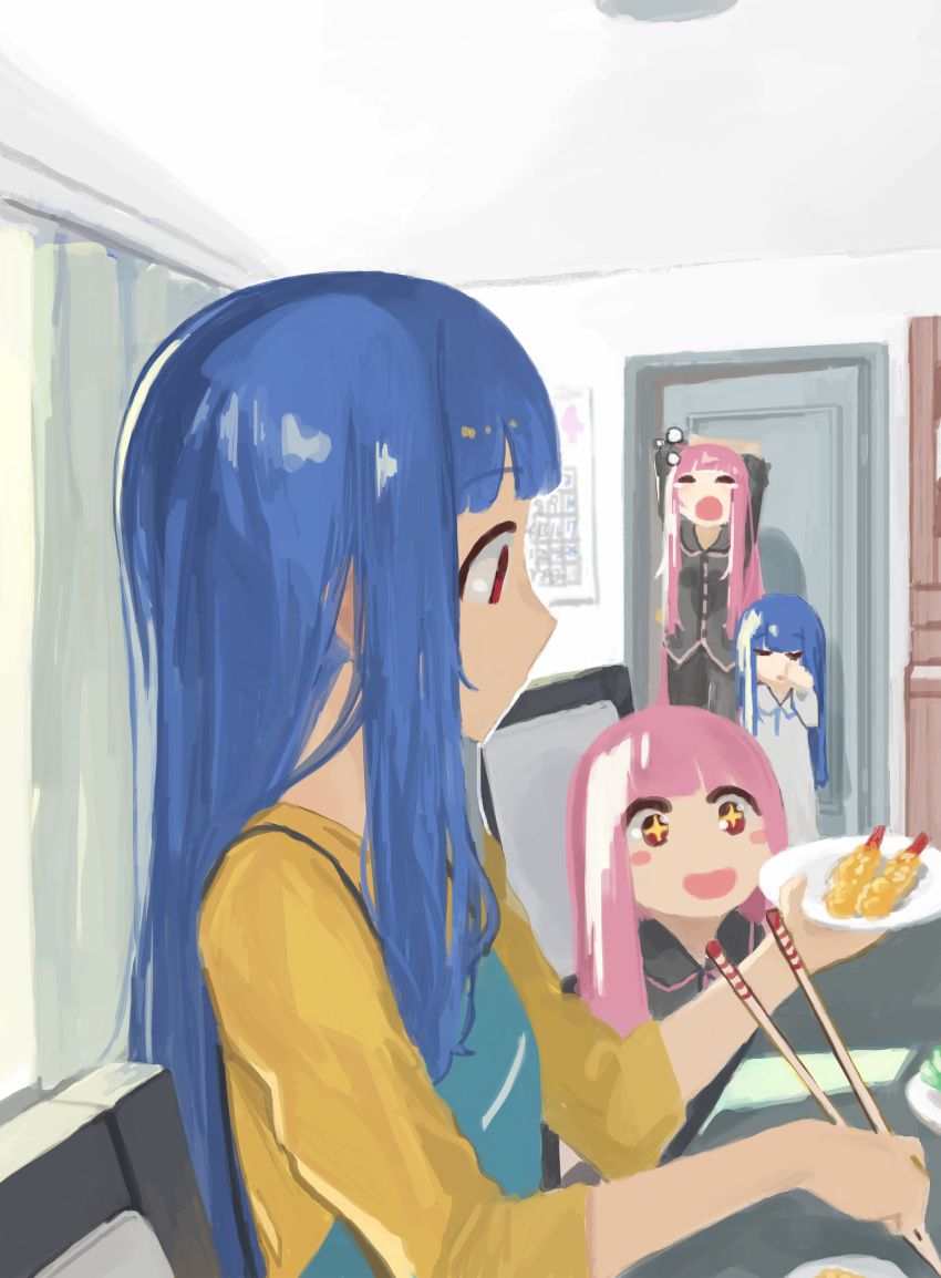 4girls, absurdres, apron, arms_up, black_pants, black_shirt, blue_hair, blush_stickers
