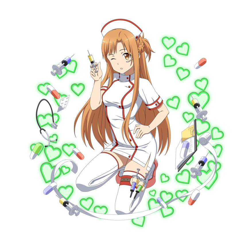alpha_transparency, asuna_(sao), full_body, hand_on_hip, highres, holding, holding_syringe, kneeling