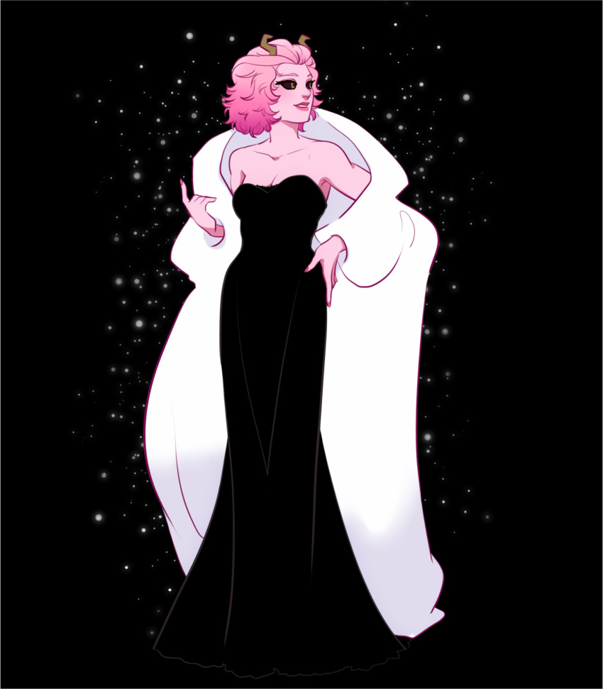 1girl, alternate_hairstyle, ashido_mina, black_dress, black_sclera, boku_no_hero_academia, coat, colored_sclera