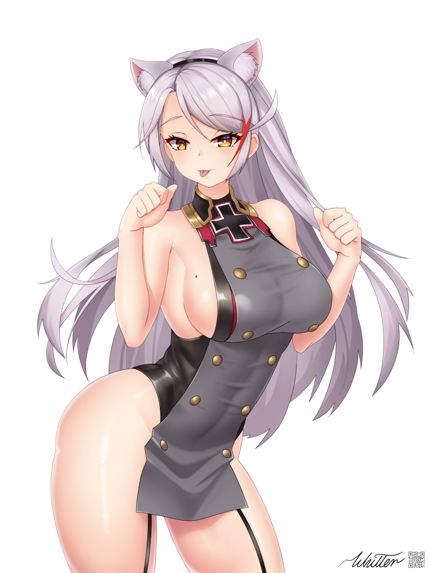 1girl, :p, absurdres, adapted_costume, animal_ear_fluff, animal_ears, azur_lane, bare_shoulders, breasts, buttons, cat_ears, double-breasted, dress, eyebrows_visible_through_hair, garter_straps, grey_dress, highres, large_breasts, long_hair, looking_at_viewer, mole, mole_on_breast, paw_pose, prinz_eugen_(azur_lane), redhead, sideboob, signature, silver_hair, simple_background, sleeveless, sleeveless_dress, solo, taut_clothes, taut_dress, thighs, tongue, tongue_out, white_background, whitter, yellow_eyes