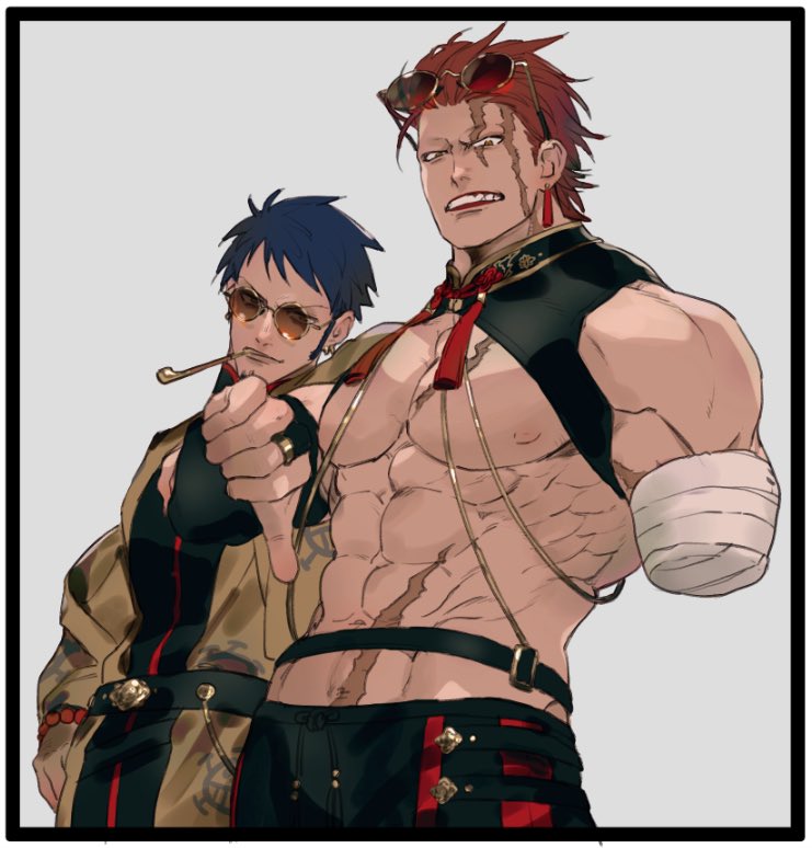 2boys, abs, amputee, bandages, bare_pectorals, bead_bracelet, beads, black_border, black_hair, border, bracelet, bridal_gauntlets, brown_eyes, chinese_clothes, clenched_teeth, earrings, eustass_captain_kid, eyewear_on_head, facial_hair, goatee, hair_slicked_back, jewelry, kiseru, large_pectorals, long_sideburns, looking_at_viewer, male_focus, mandarin_collar, multiple_boys, multiple_earrings, muscular, muscular_male, navel, nipples, one_piece, pectorals, pipe, pipe_in_mouth, red_lips, redhead, round_eyewear, scar, scar_on_face, scar_on_stomach, short_hair, shrug_(clothing), sideburns, sleeveless, sosogi_(qtgejyrkhrng4jk), stomach, sunglasses, tassel, tassel_earrings, teeth, thumbs_down, trafalgar_law