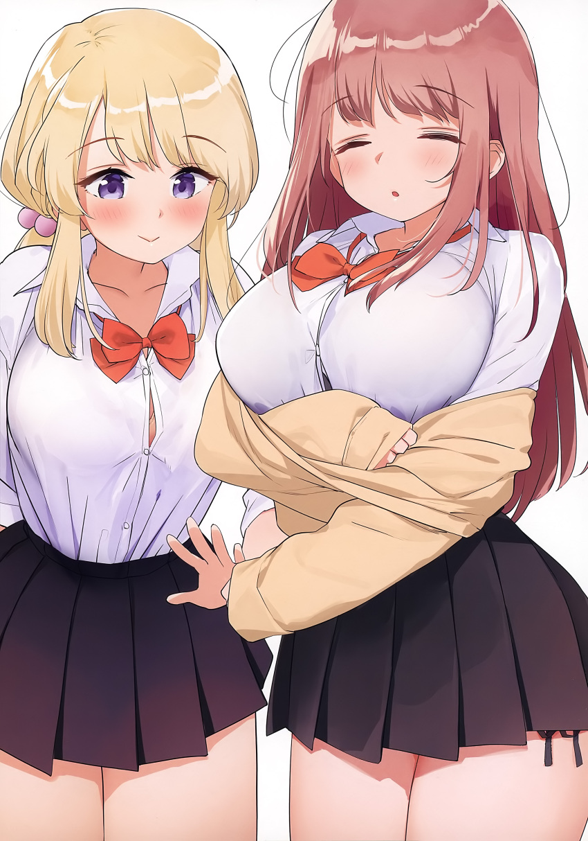 2girls, :>, :o, absurdres, arm_behind_back, bangs, black_skirt, blonde_hair, blush, bow, bowtie, bra_through_clothes, breasts, brown_hair, button_gap, closed_eyes, collar, eyebrows_visible_through_hair, hair_bobbles, hair_ornament, highres, kaisen_chuui, large_breasts, long_hair, long_sleeves, miniskirt, multiple_girls, non-web_source, original, panties, parted_lips, pleated_skirt, red_bow, red_neckwear, shirt, side-tie_panties, side-tie_peek, sidelocks, simple_background, skirt, skirt_rolled_up, underwear, undressing, very_long_hair, white_background, white_shirt, wing_collar
