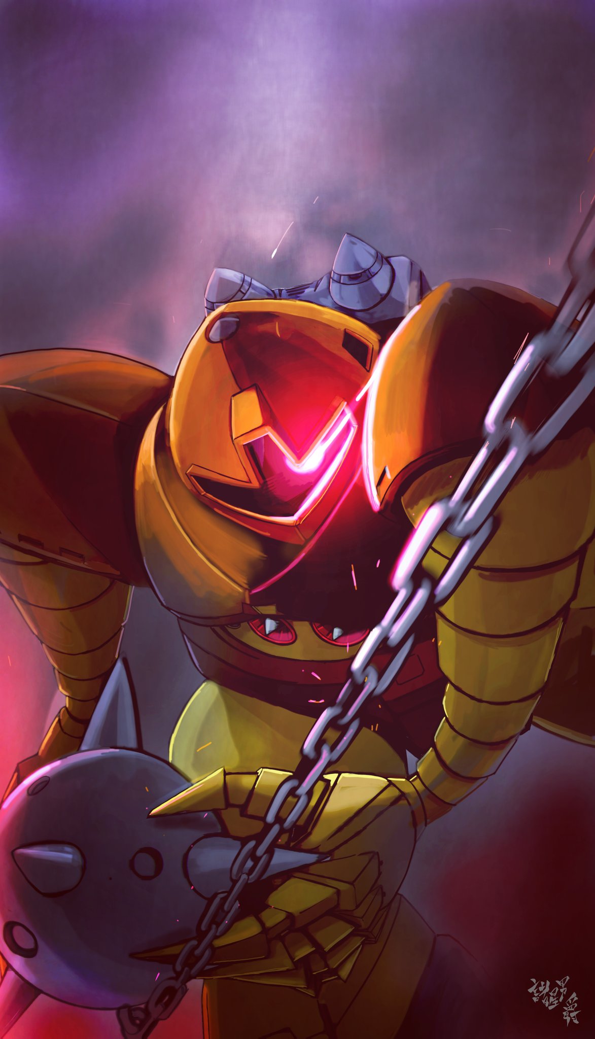 ball_and_chain_(weapon), glowing, glowing_eye, gogg, gundam, highres, leaning_forward, mecha