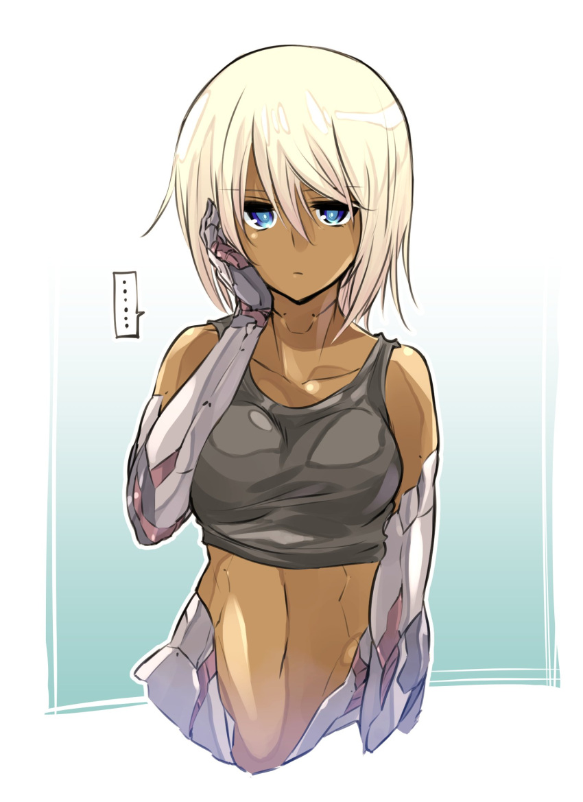 1girl, alternate_skin_color, android, bare_shoulders, blue_eyes, collarbone, commentary, dark_skin