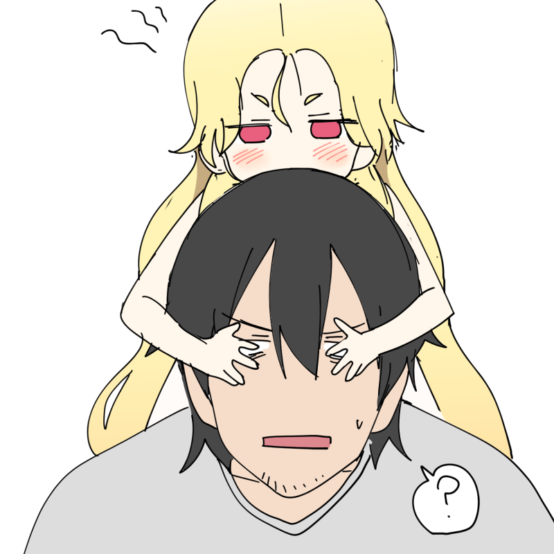 1boy, 1girl, ?, black_hair, blonde_eyelashes, blonde_hair, bok_sil, facial_hair