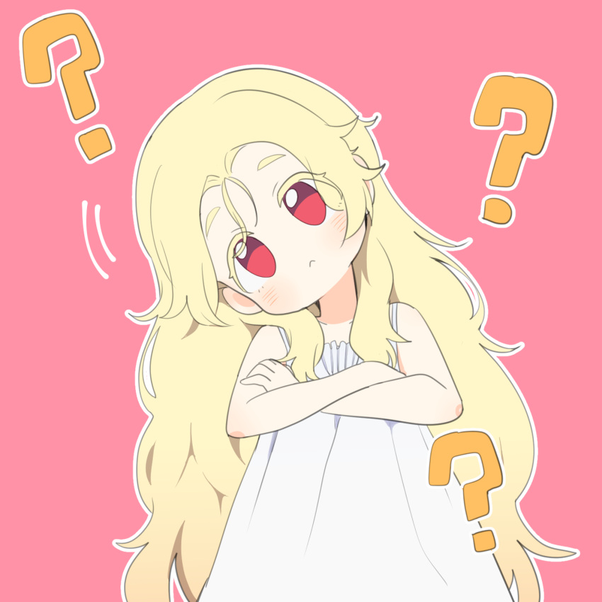 1girl, :<, ?, blonde_eyelashes, blush, bok_sil, crossed_arms, dress