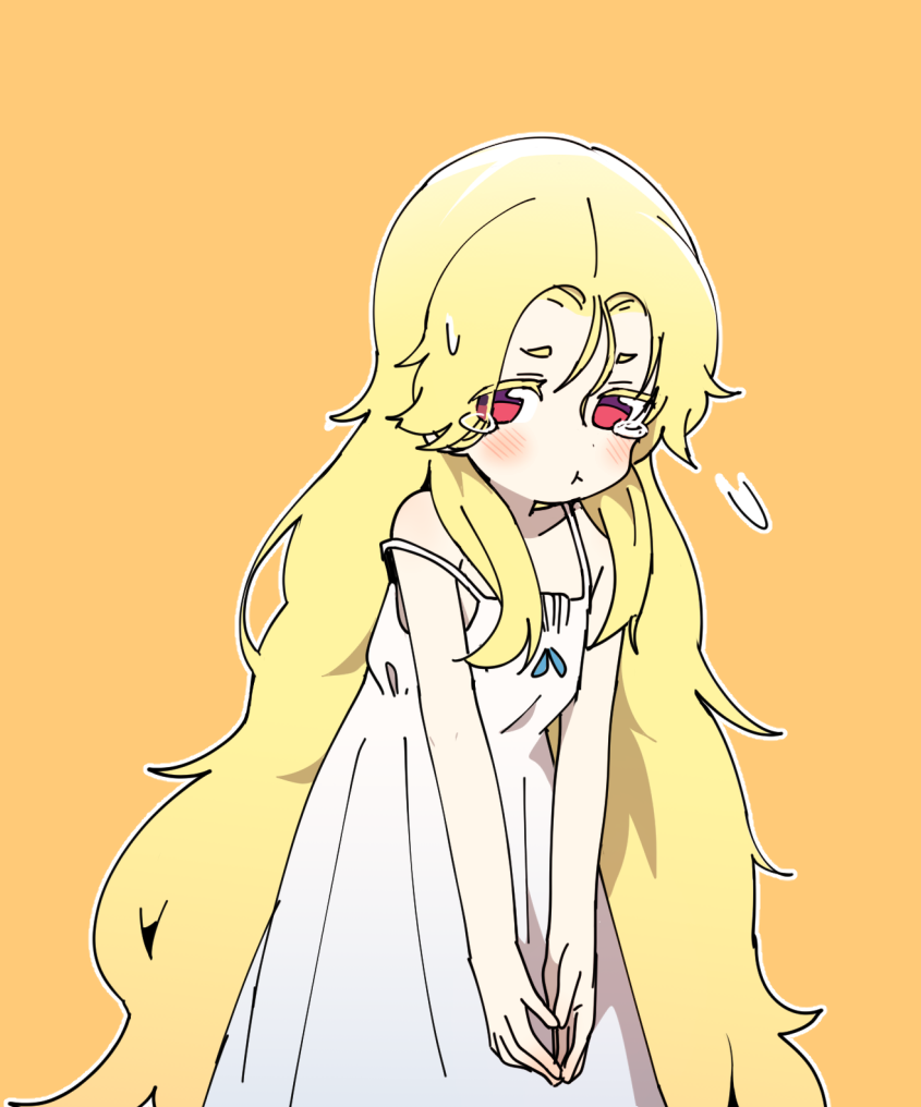 1girl, :t, absurdly_long_hair, blonde_eyelashes, blush, bok_sil, dress, fangs