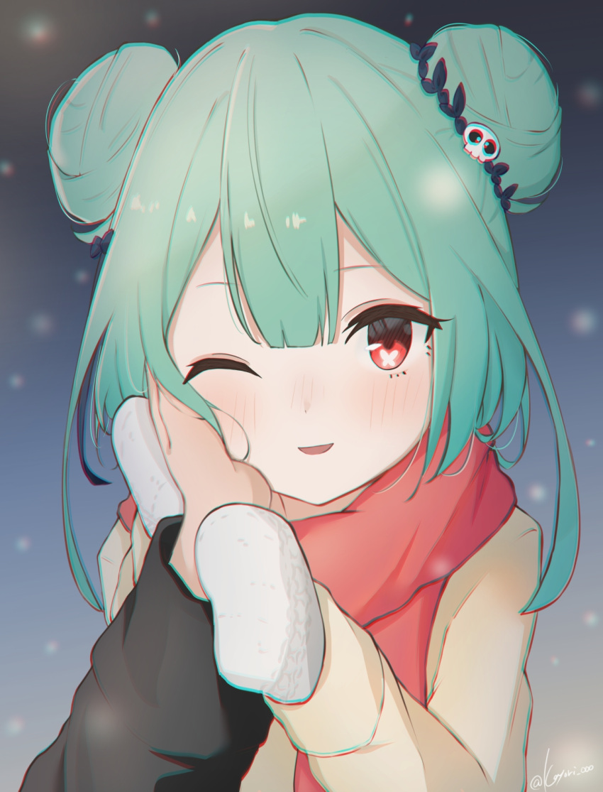 1girl, 1other, bangs, chromatic_aberration, coat, double_bun, green_hair, hair_ornament