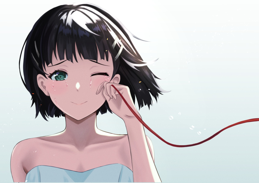 1girl, ;), bangs, bare_shoulders, black_hair, blunt_bangs, blush, closed_mouth, collarbone, commentary_request, gradient, gradient_background, green_eyes, grey_background, hair_ornament, hairclip, highres, keidai_3, kirigaya_suguha, looking_at_viewer, one_eye_closed, shiny, shiny_hair, short_hair, smile, solo, sword_art_online, tears, wiping_tears