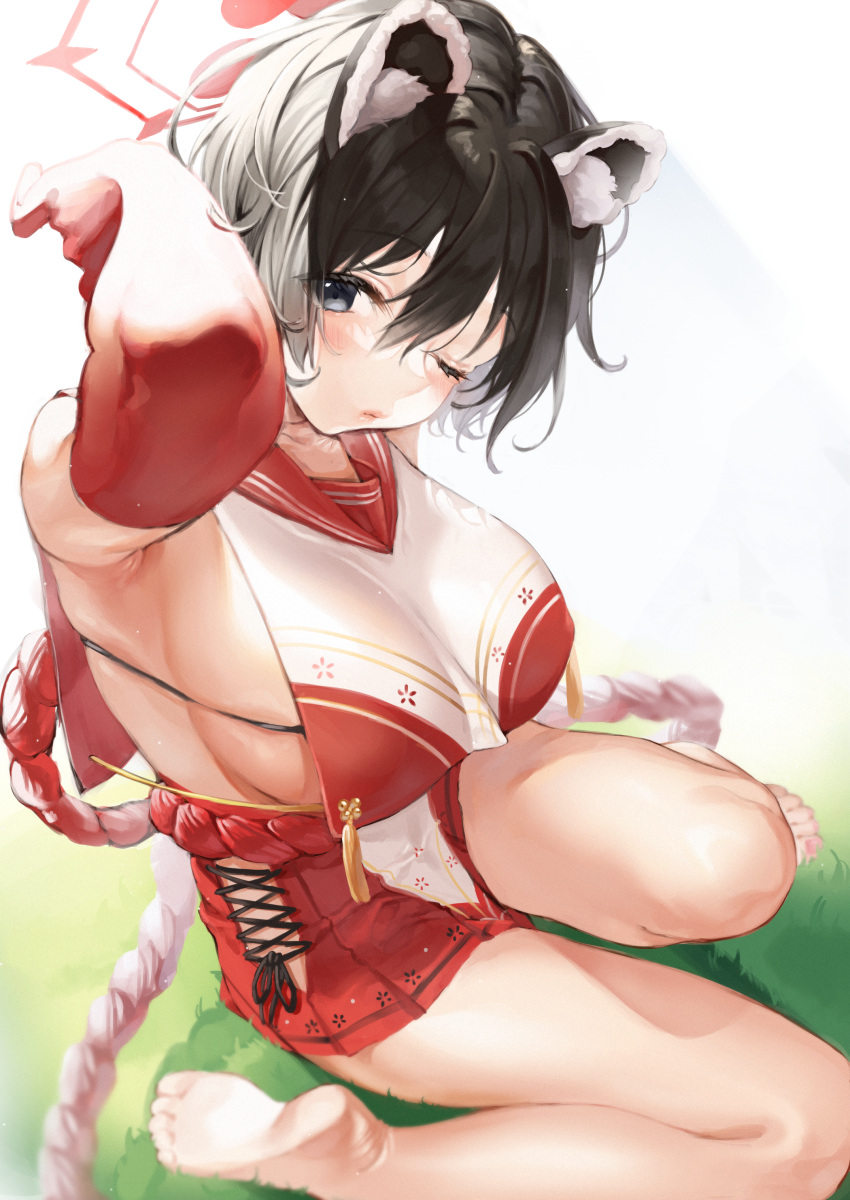 1girl, absurdres, animal_ear_fluff, animal_ears, armpits, arms_up, barefoot, black_hair