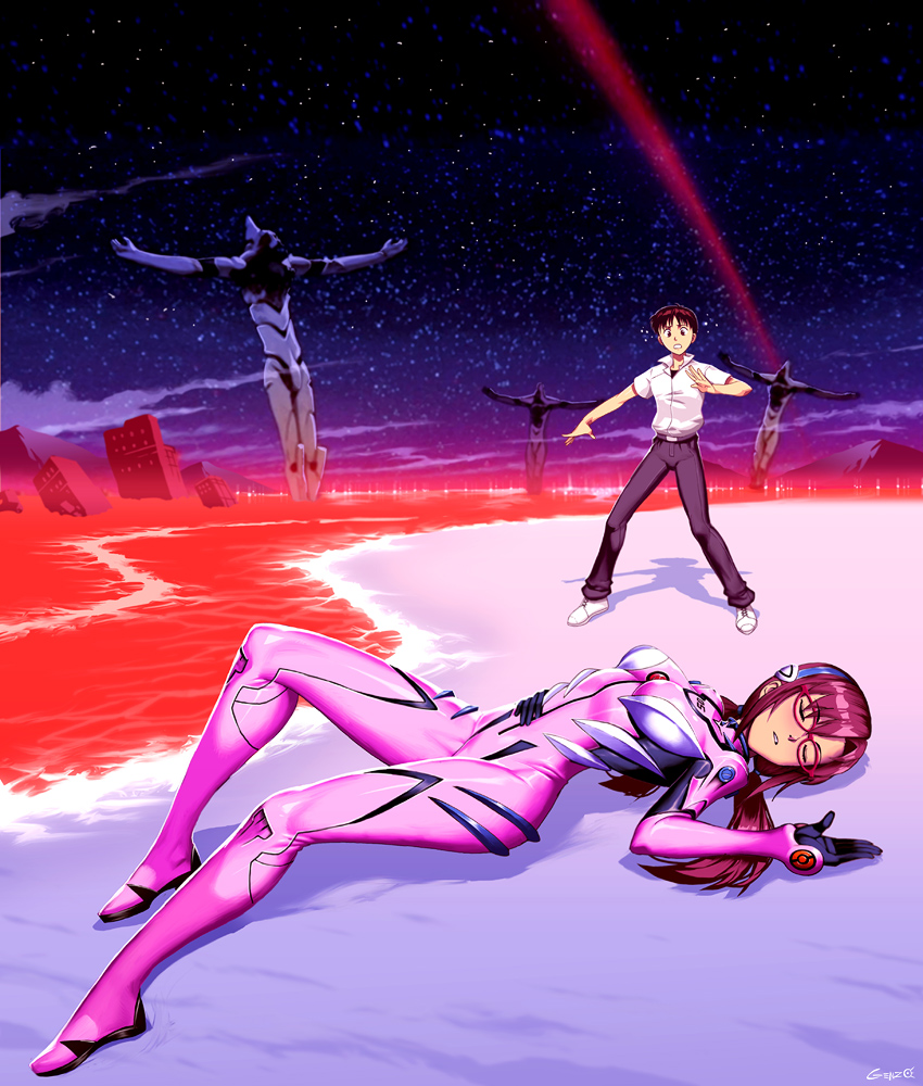 1boy, 1girl, alien, amused, bad_end, beach, belt, blood