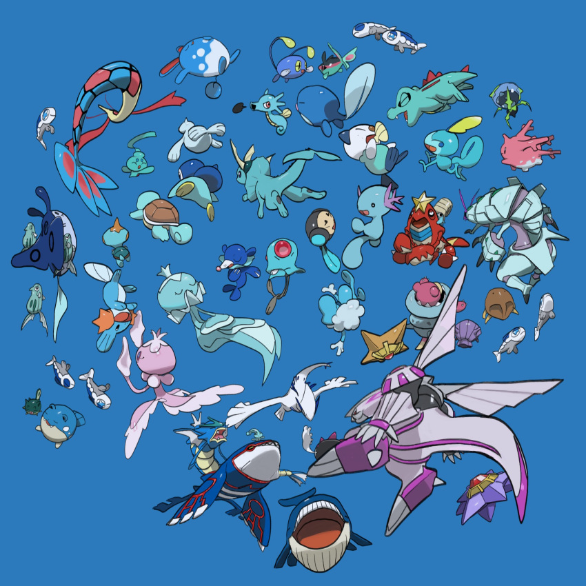azumarill, black_sclera, blue_background, chewtle, chinchou, closed_eyes, colored_sclera, corsola, crawdaunt, creature, dewpider, finneon, fish, frillish, frillish_(female), frillish_(male), froakie, gen_1_pokemon, gen_2_pokemon, gen_3_pokemon, gen_4_pokemon, gen_5_pokemon, gen_6_pokemon, gen_7_pokemon, gen_8_pokemon, golisopod, gyarados, highres, horsea, kabuto_(pokemon), kochi8i, kyogre, legendary_pokemon, lugia, mantine, mega_pokemon, mega_slowbro, milotic, mudkip, mythical_pokemon, open_mouth, oshawott, palkia, phione, piplup, pokemon, poliwag, popplio, qwilfish, remoraid, seel, shellder, simple_background, slowbro, sobble, spheal, squirtle, starmie, starter_pokemon, staryu, tentacool, toes, tongue, totodile, tympole, upper_teeth, vaporeon, wailord, wishiwashi, wishiwashi_(solo), wooper, yellow_eyes