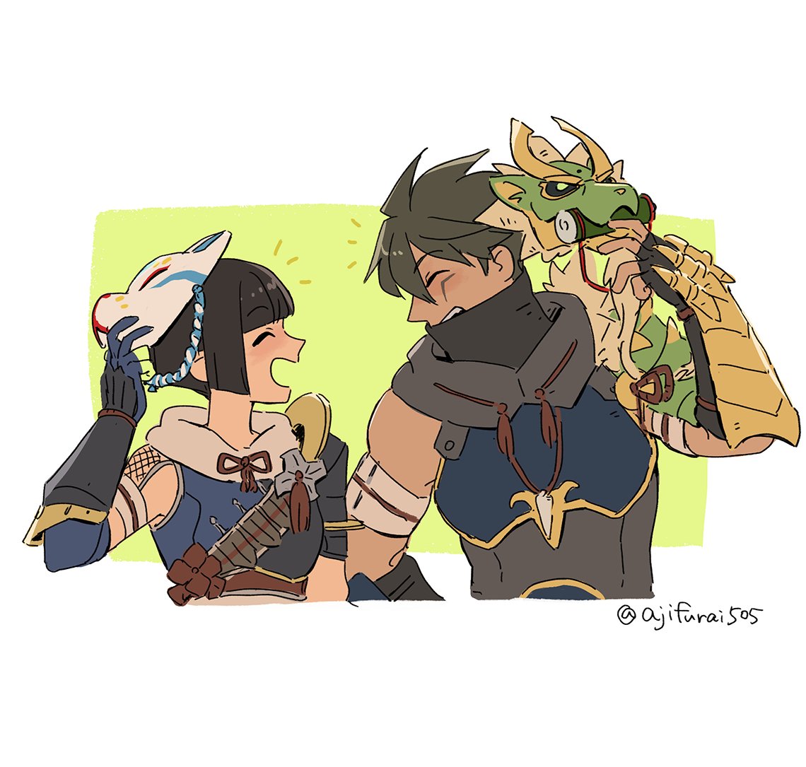 1boy, 1girl, :d, ^_^, arzuros_(armor), asaya_minoru, bangs, bare_shoulders, black_gloves, black_hair, blush, breasts, closed_eyes, cropped_torso, crossed_arms, dragon_mask, eyebrows_visible_through_hair, facing_another, fingerless_gloves, fishnets, fox_mask, gloves, green_background, hair_between_eyes, holding, holding_mask, kamura_(armor), mask, mask_removed, master_utsushi, medium_breasts, monster_hunter_(series), monster_hunter_rise, open_mouth, profile, short_hair, smile, spikes, twitter_username, two-tone_background, upper_body, vambraces, white_background