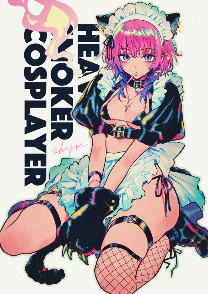 1girl, akiyamabc, animal_ears, apron, asymmetrical_legwear, belt, belt_collar, bikini