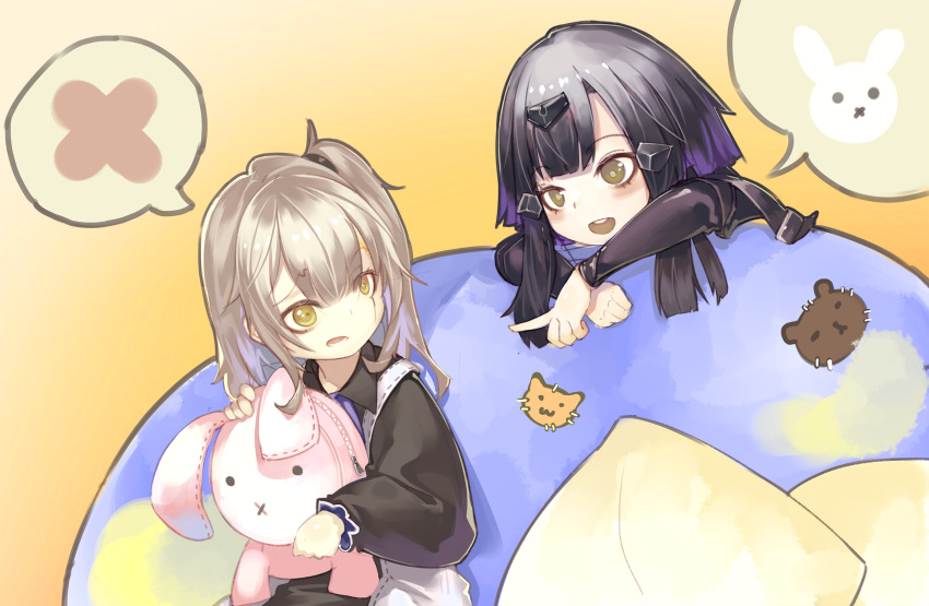 2girls, anna_(girls_frontline), black_hair, couch, cushion, girls_frontline, grey_eyes, grey_hair