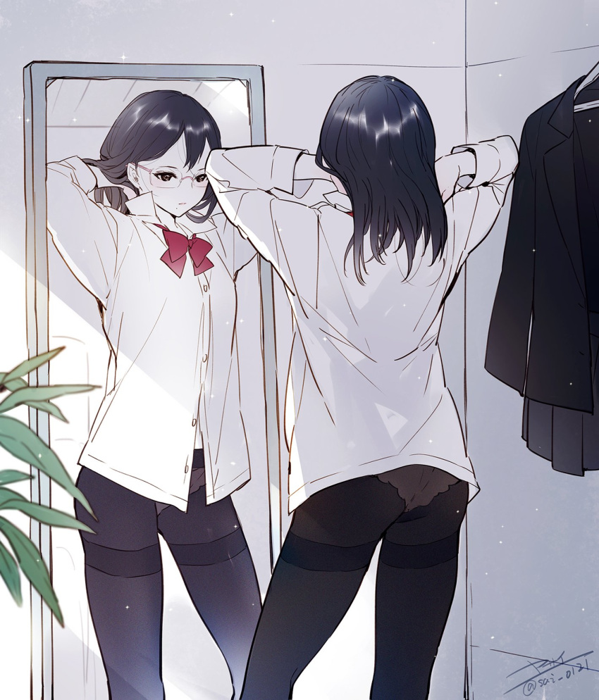 1girl, bangs, black_hair, black_legwear, bow, bowtie, clothes_rack, collared_shirt