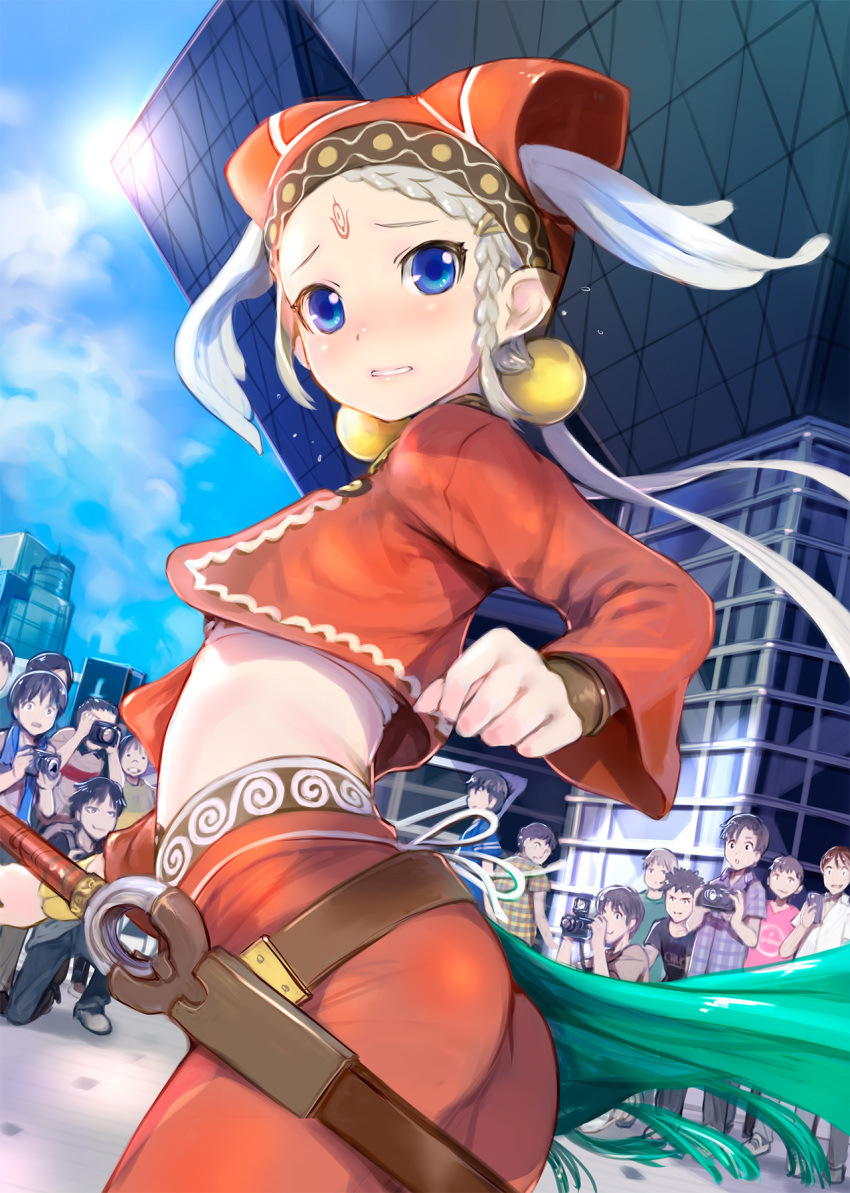 1girl, 6+boys, ass, blue_eyes, braid, building, camera, clenched_hand, clothes_writing, clouds, comiket, cop_craft:_dragnet_mirage_reloaded, cosplay, facial_mark, flying_sweatdrops, forehead_mark, highres, holding, holding_camera, low_twintails, midriff, mikazuki_akira!, multiple_boys, otaku, pants, plaid, plaid_shirt, pointy_ears, red_headwear, shirt, silver_hair, sky, tilarna_exedilika, tokyo_big_sight, twintails