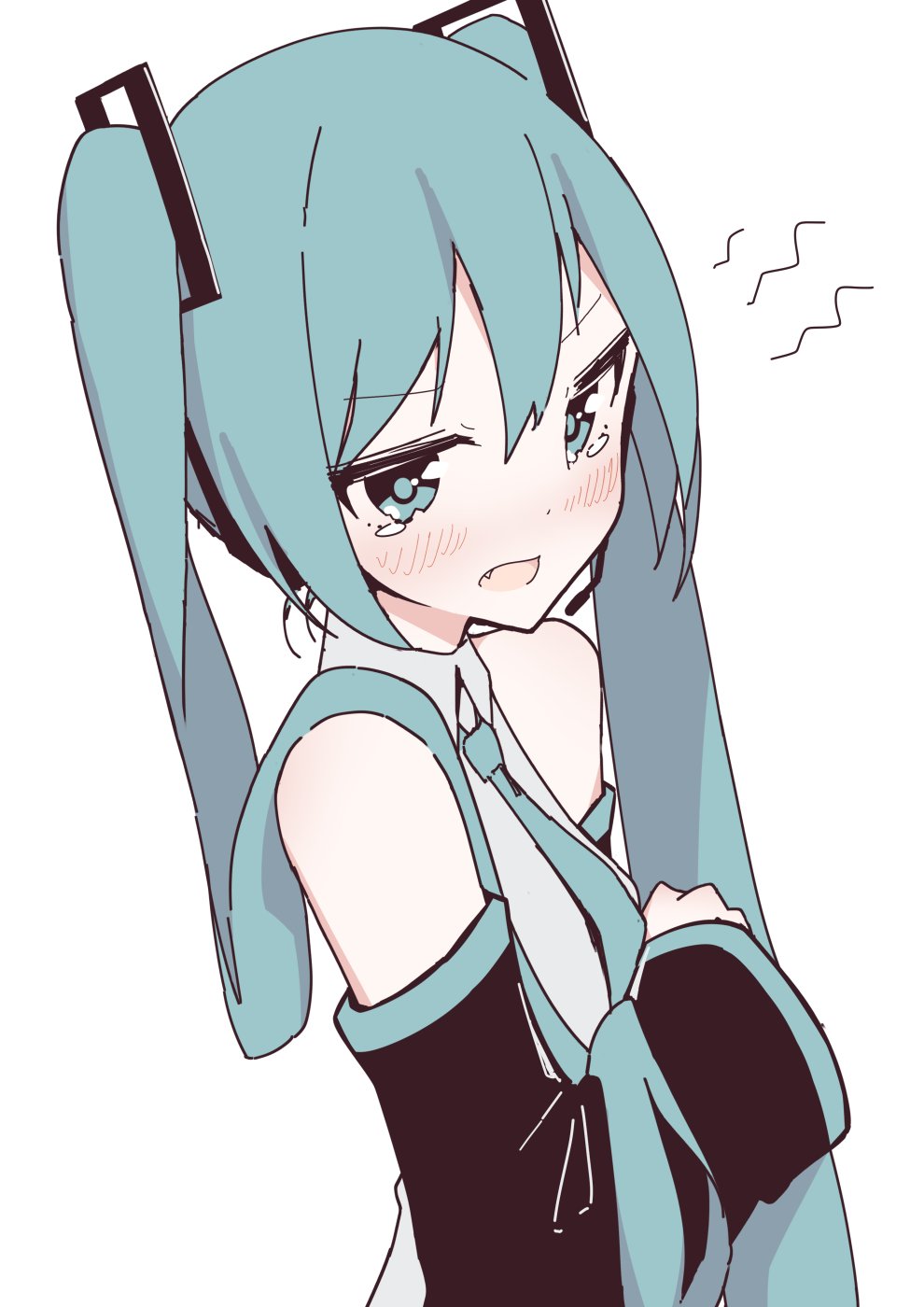 1girl, aqua_eyes, aqua_hair, aqua_neckwear, bare_shoulders, black_sleeves, blush, commentary