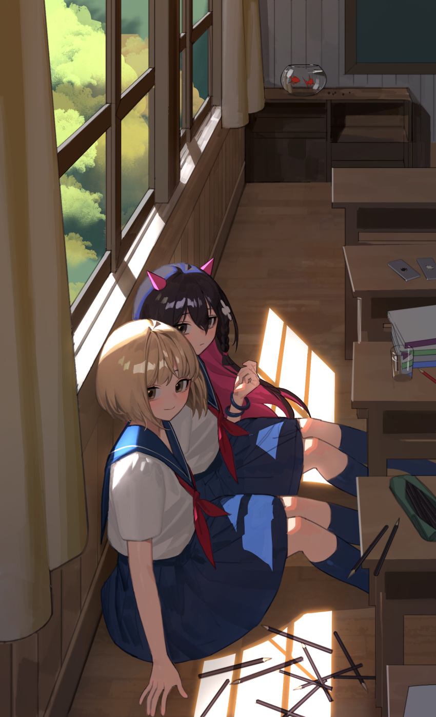 2girls, absurdres, black_hair, black_legwear, blonde_hair, bracelet, cellphone, chalkboard