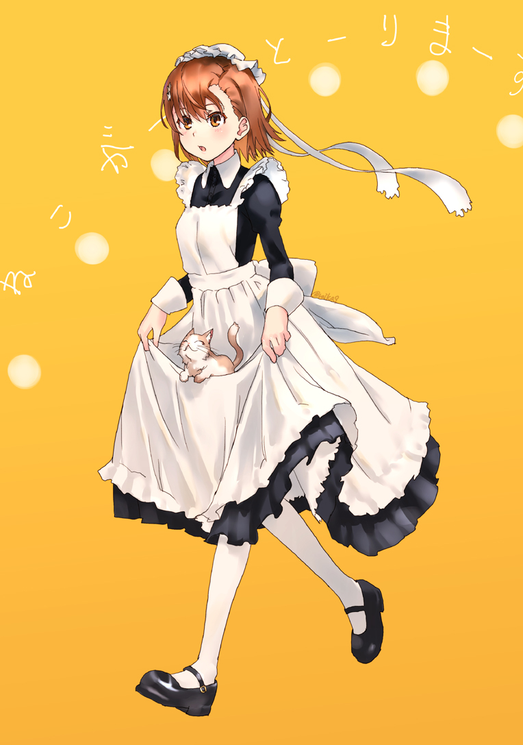 1girl, alternate_costume, apron, apron_basket, bangs, black_dress, black_footwear, blush