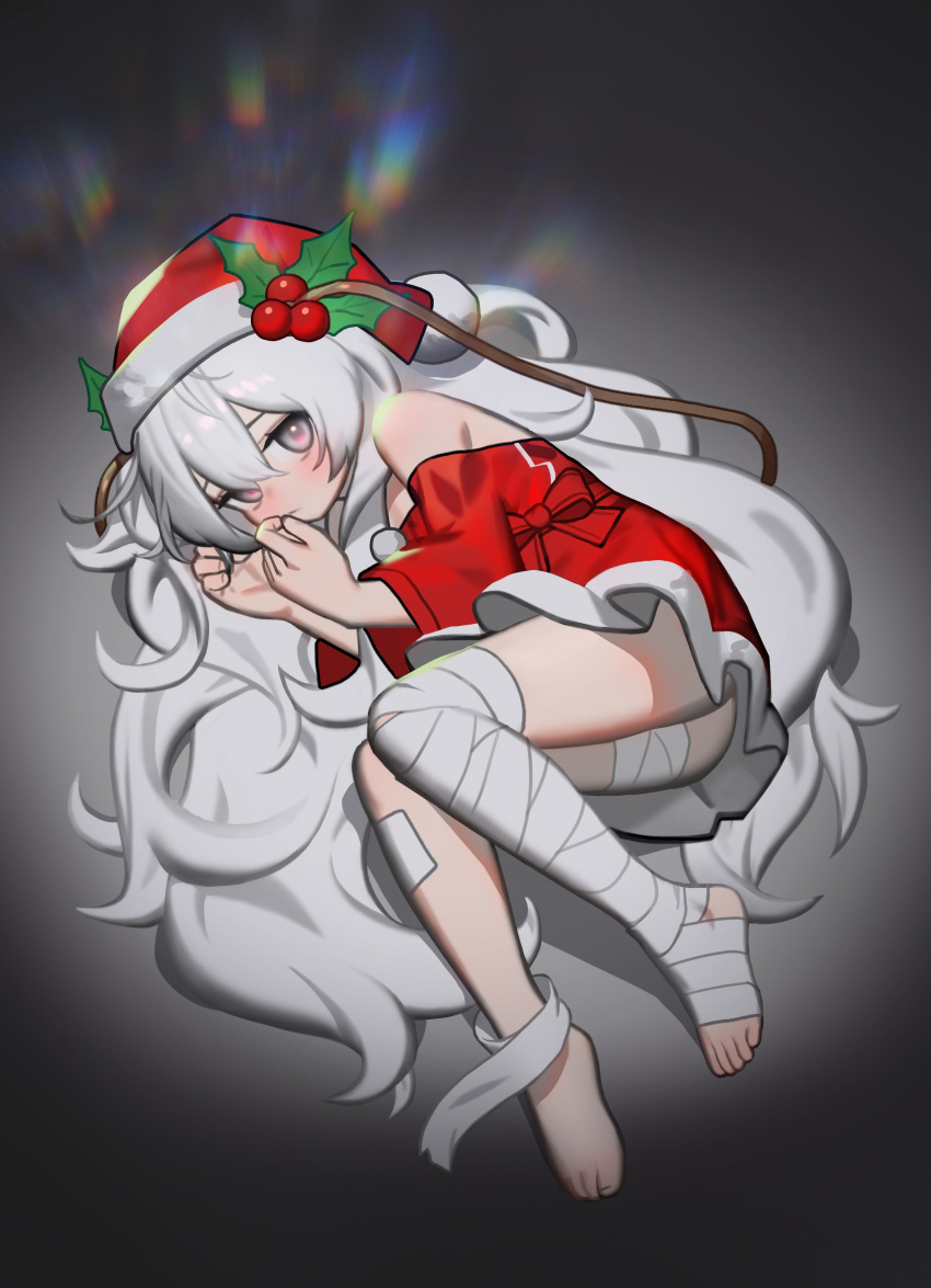 1girl, absurdres, ass, bandaged_leg, bandages, barefoot, blush, dress