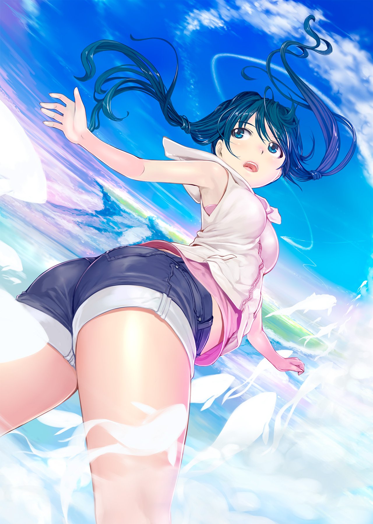 1girl, amano_hina_(tenki_no_ko), armpits, ass, blue_eyes, blue_hair, blush, breasts