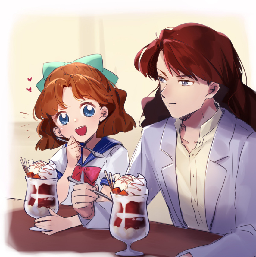 1boy, 1girl, :d, bangs, bishoujo_senshi_sailor_moon, blue_eyes, blue_sailor_collar, bow
