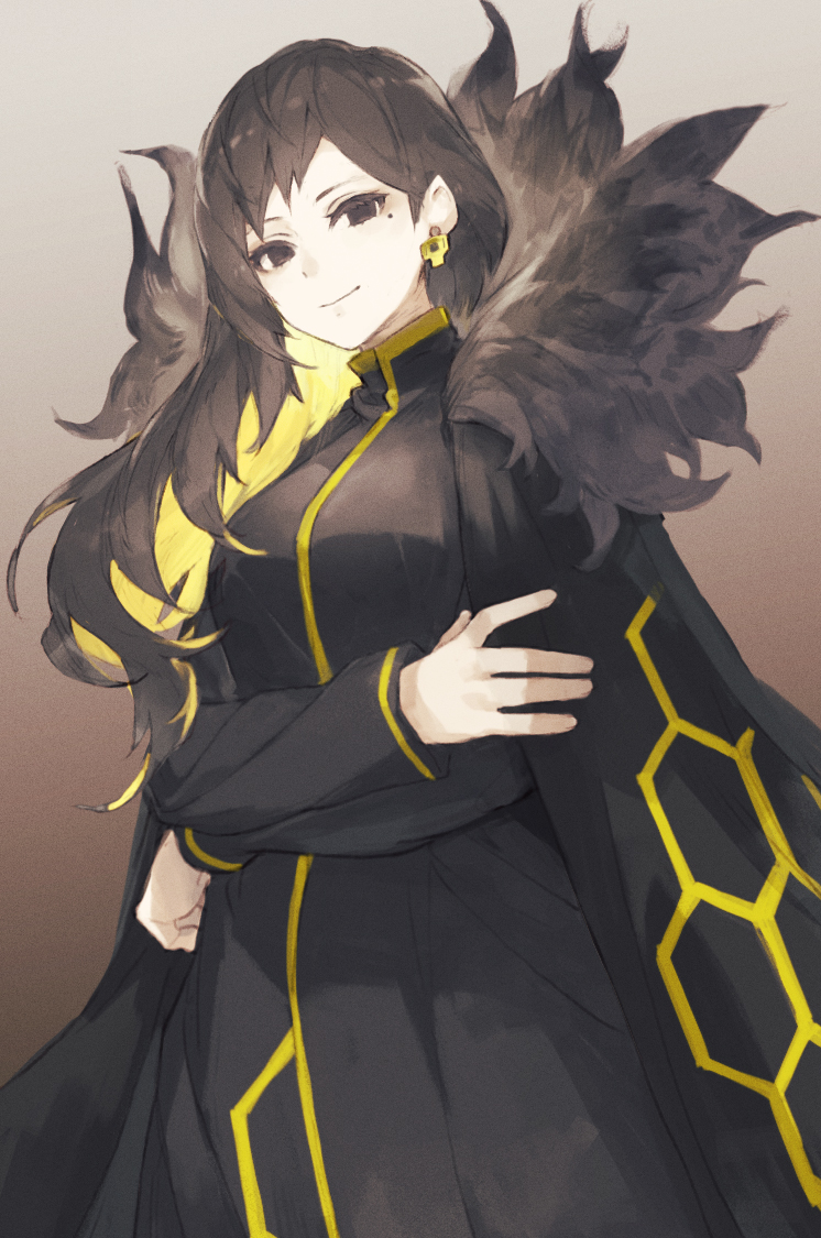 1girl, binah_(lobotomy_corporation), black_dress, black_eyes, black_hair, closed_mouth, crossed_arms, dress, earrings, eyebrows_behind_hair, gradient, gradient_background, jewelry, library_of_ruina, long_sleeves, mole, mole_under_eye, nemu_(isaya), simple_background, smile, solo