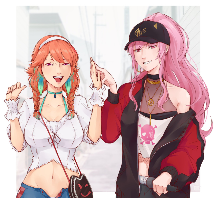 2girls, bare_shoulders, baseball_cap, blouse, breasts, byubiyubi, choker, crop_top