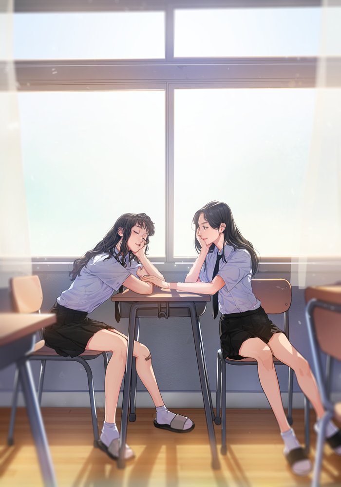 2girls, black_hair, black_neckwear, black_skirt, chair, closed_eyes, copyright_request, desk, dnrl_rnldudnj, long_hair, multiple_girls, necktie, parted_lips, pleated_skirt, profile, sandals, shadow, shirt, short_sleeves, sitting, skirt, socks, white_shirt, wide_shot