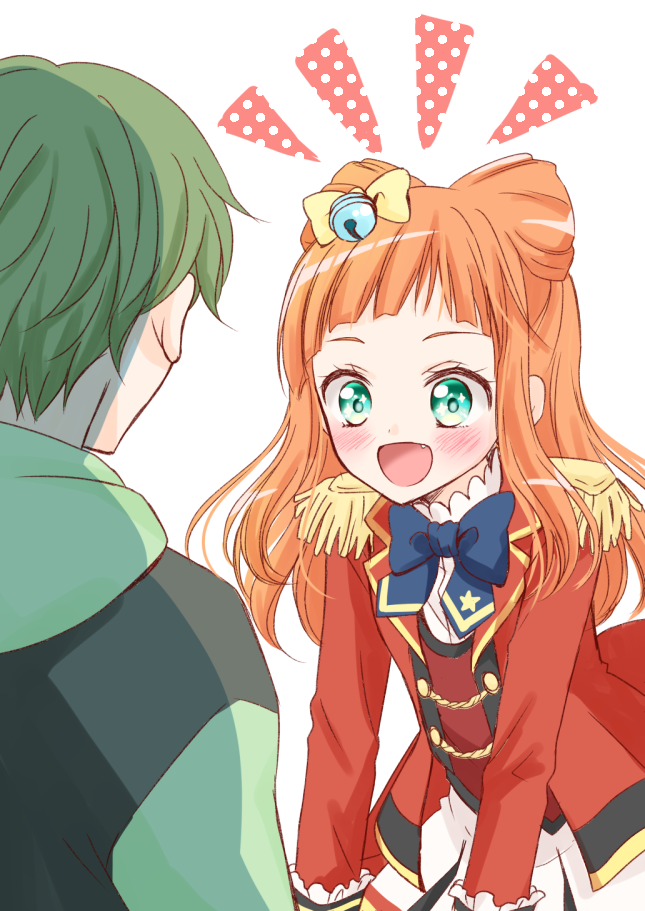 1boy, 1girl, :d, aiguillette, aikatsu!_(series), aikatsu_stars!, back_bow, bangs