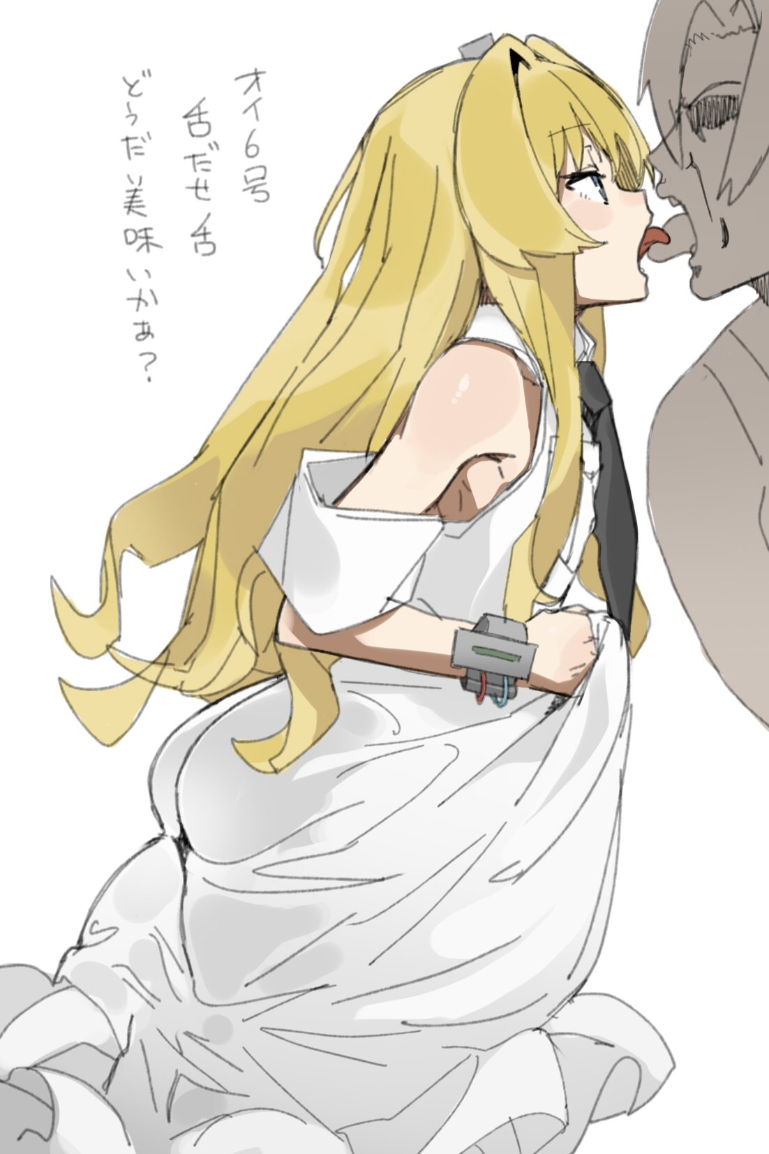 1boy, 1girl, alice_(sentouin_hakenshimasu!), black_neckwear, blonde_hair, blue_eyes, dress, ettone, eyebrows_visible_through_hair, french_kiss, hetero, highres, kiss, long_hair, looking_at_another, necktie, sentouin_hakenshimasu!, simple_background, solo_focus, translation_request, white_background, white_dress
