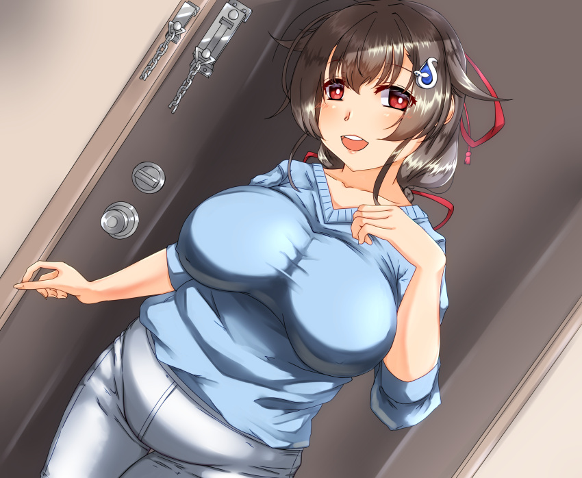 1girl, black_hair, blue_shirt, breasts, broken, broken_chain, chain, collarbone