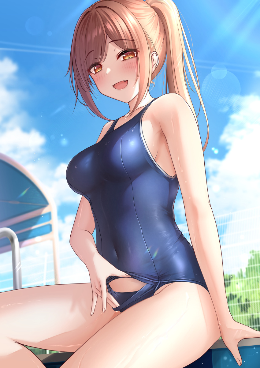1girl, :d, absurdres, bare_arms, bare_shoulders, blue_swimsuit, blurry, breasts, brown_eyes, brown_hair, covered_navel, day, depth_of_field, fang, highres, long_hair, looking_at_viewer, medium_breasts, monaka_curl, one-piece_swimsuit, open_mouth, original, outdoors, ponytail, school_swimsuit, sidelocks, sitting, smile, solo, swimsuit, thighs, wet