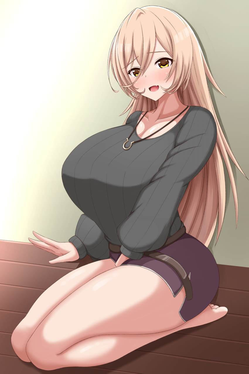 1girl, absurdres, blonde_hair, breasts, curvy, fang, grey_sweater, hair_between_eyes