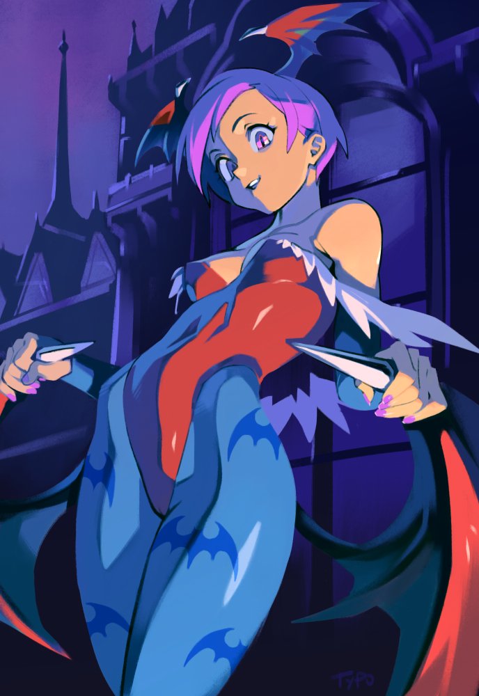 1girl, animal_print, bare_shoulders, bat_print, bat_wings, blue_legwear, breasts, bridal_gauntlets