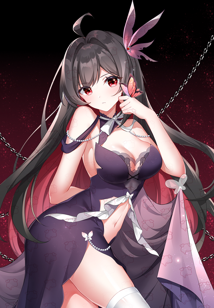 1girl, ahoge, alternate_costume, bare_shoulders, black_dress, black_hair, bug, butterfly