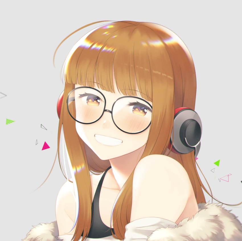 1girl, ahoge, bangs, behind-the-head_headphones, black_tank_top, black_vest, blunt_bangs, blush, coat, eyebrows_visible_through_hair, fur-trimmed_coat, fur_trim, glasses, gnash15, grey_background, happy, head_tilt, headphones, highres, hime_cut, long_hair, off-shoulder_shirt, off_shoulder, open_mouth, orange_hair, persona, persona_5, sakura_futaba, shirt, simple_background, smile, solo_focus, t-shirt, tank_top, teeth, vest, white_shirt