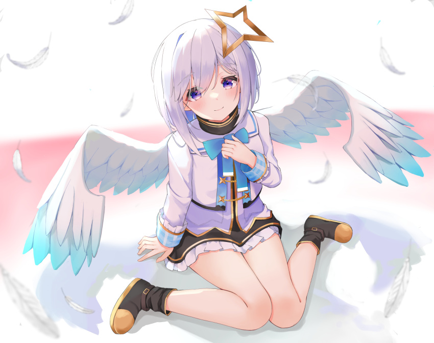 1girl, akie_(44265104), amane_kanata, angel, black_footwear, black_skirt, blue_bow, blush