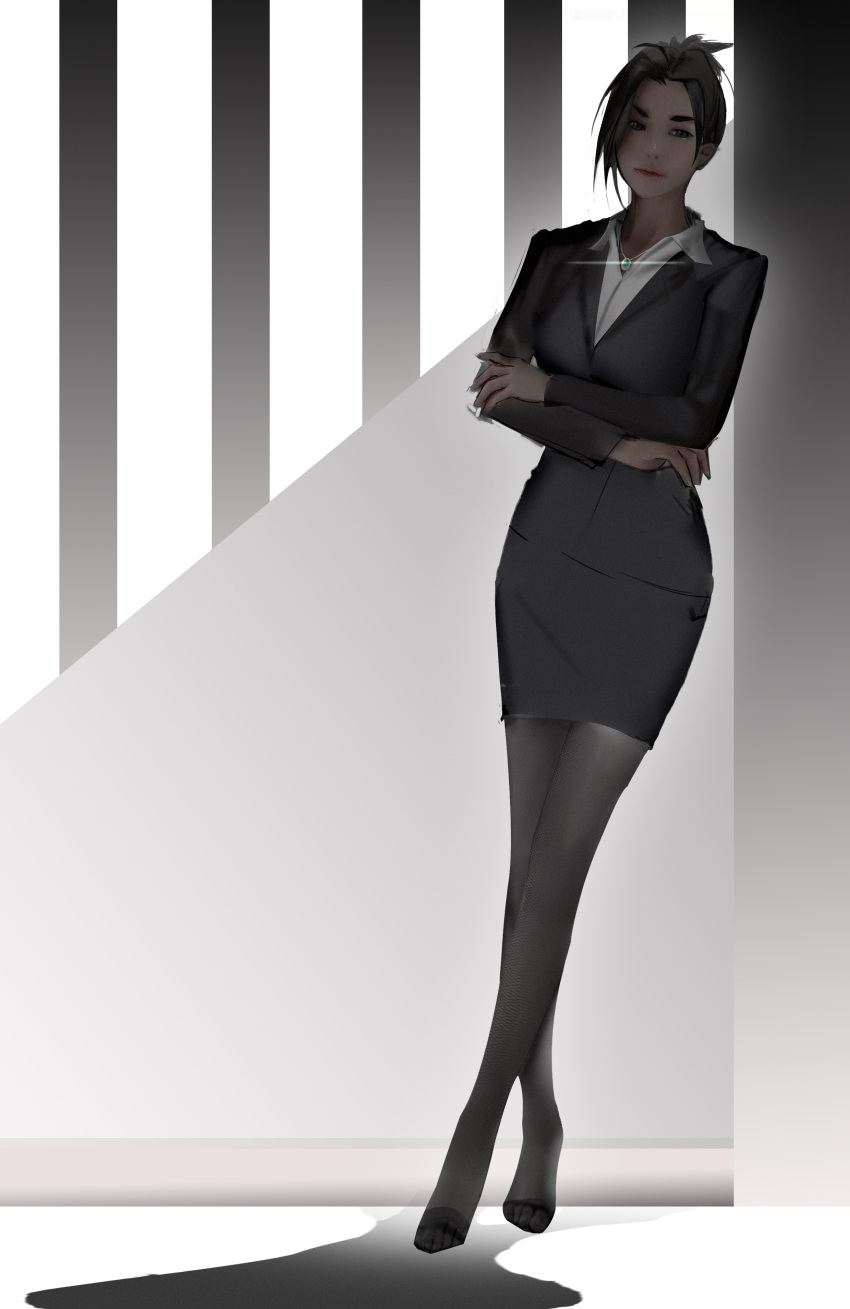 1girl, absurdres, araragi's_mother, araragi_matriarch, black_eyes, black_hair, business_suit, crossed_arms